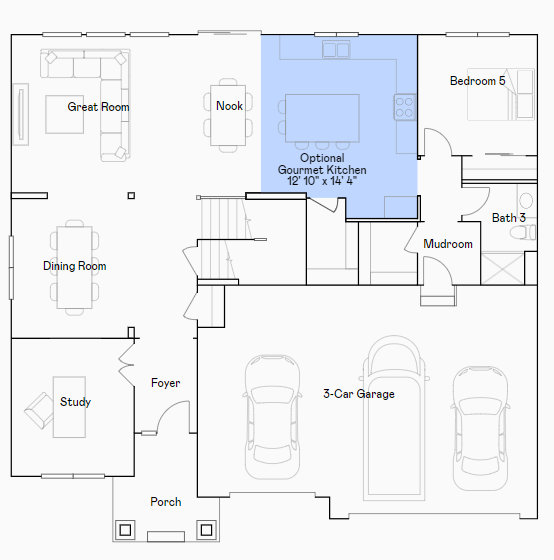 Itasca main level floor plan with a gourmet kitchen!