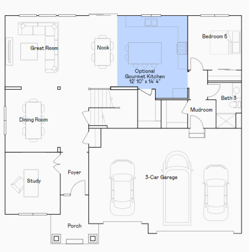 Itasca main level floor plan with a gourmet kitchen!