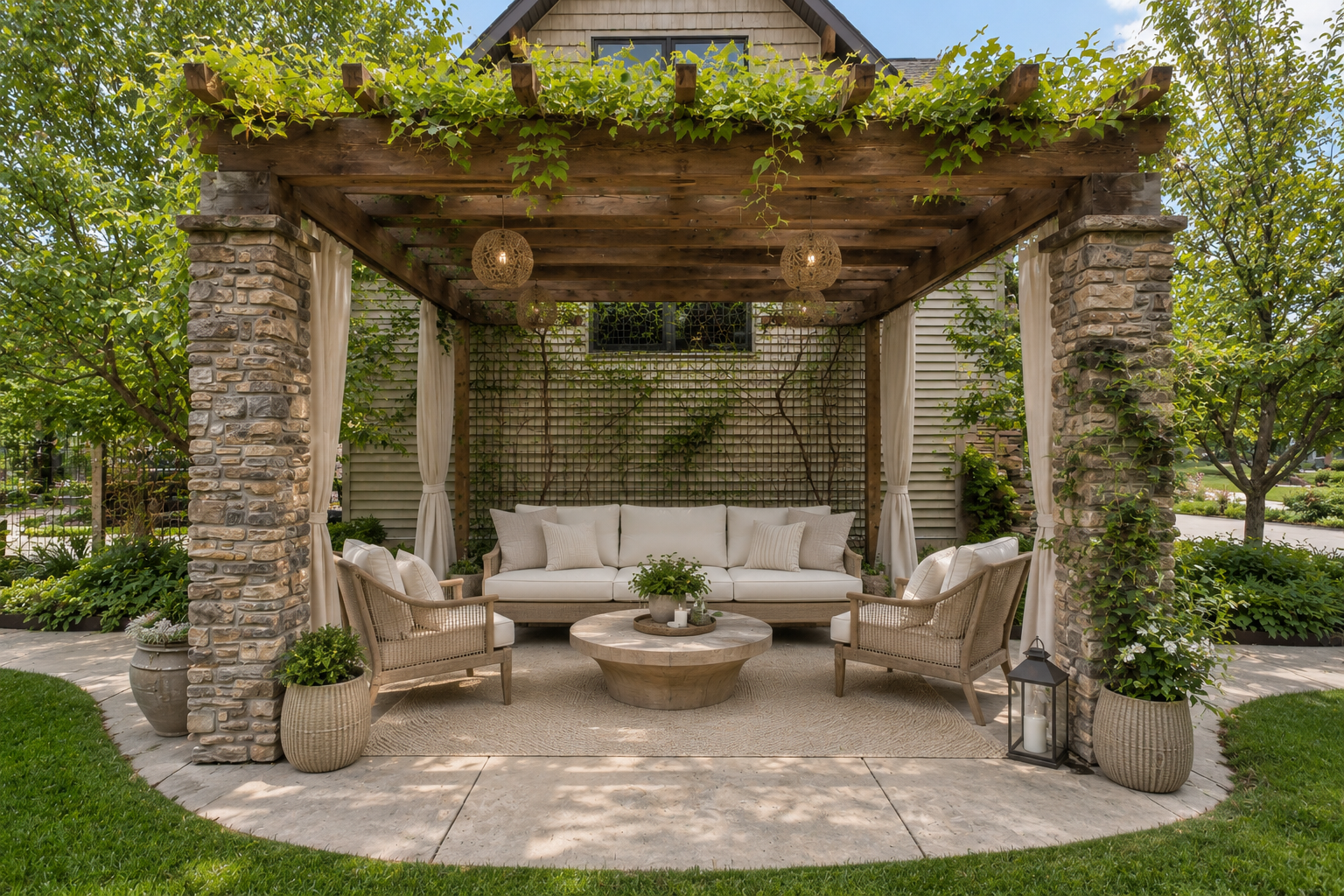 An enchanting vine-covered pergola creates the perfect outdoor retreat creates the perfect outdoor retreat, complete with custom stone columns. Am idyllic setting for morning coffee, afternoon relaxation, or evening gatherings.