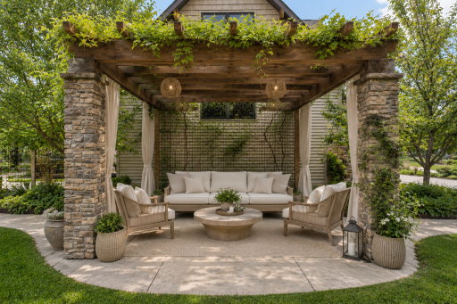 An enchanting vine-covered pergola creates the perfect outdoor retreat creates the perfect outdoor retreat, complete with custom stone columns. Am idyllic setting for morning coffee, afternoon relaxation, or evening gatherings.