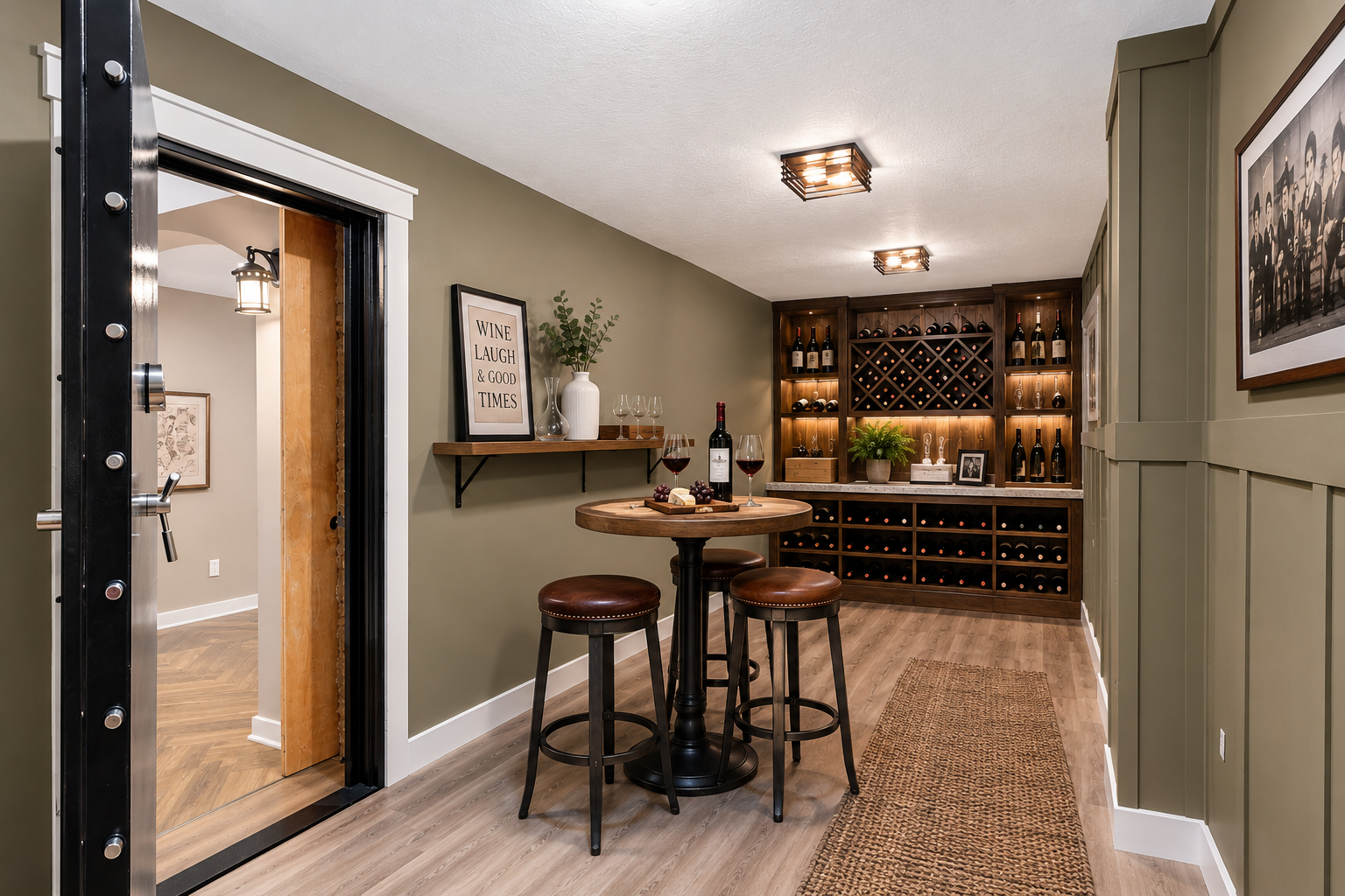 A hidden retreat awaits behind the hidden vaulted door, featuring a wine tasting room or speakeasy. The room is poured concrete and is protected. You can also use this room as a giant safe.