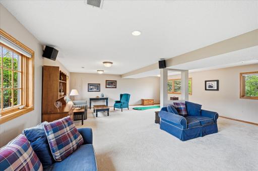 Large lower level has plenty of space for a variety of activities. Surround sound in lower level (minus sub woofer).