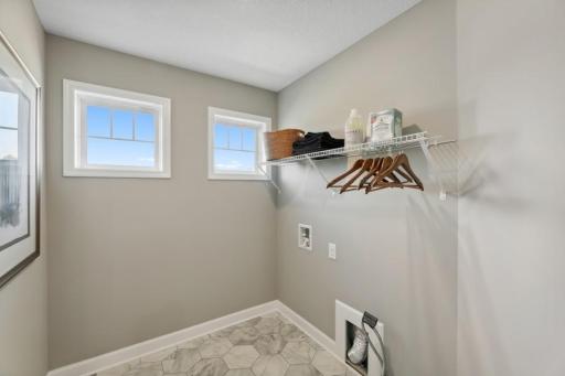 (Photo of decorated model, colors and features will vary) Upper level laundry is prepped for your appliances. The shelving is included.