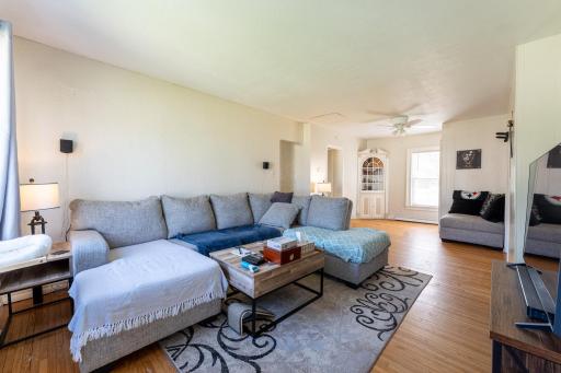 Main level living room with amazing hardwood floor!