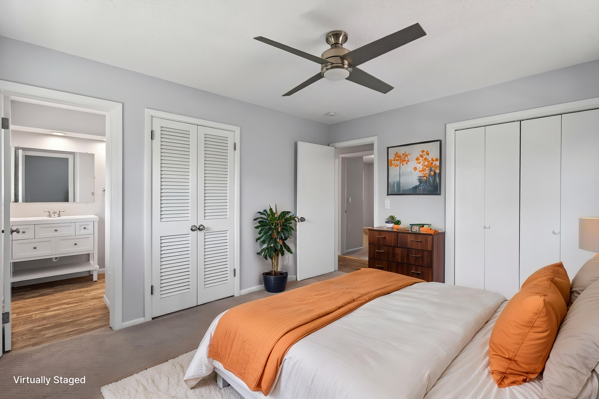Virtually staged primary bedroom