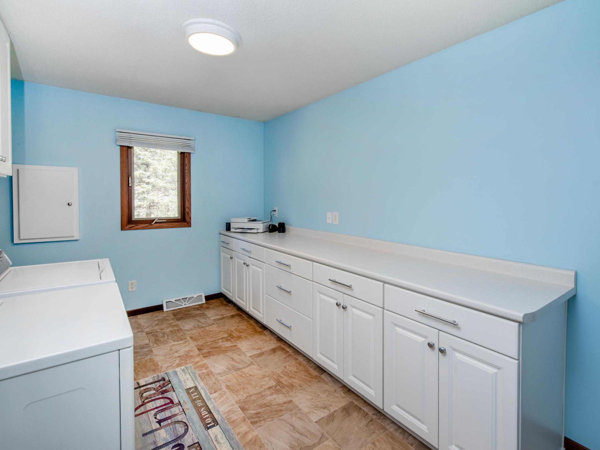Laundry folding area and storage.