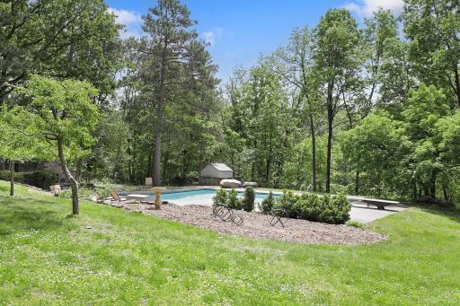 An inground pool area at the SE corner with patios and an outdoor fireplace provides an excellent space to relax and enjoy nature or entertain friends and family.