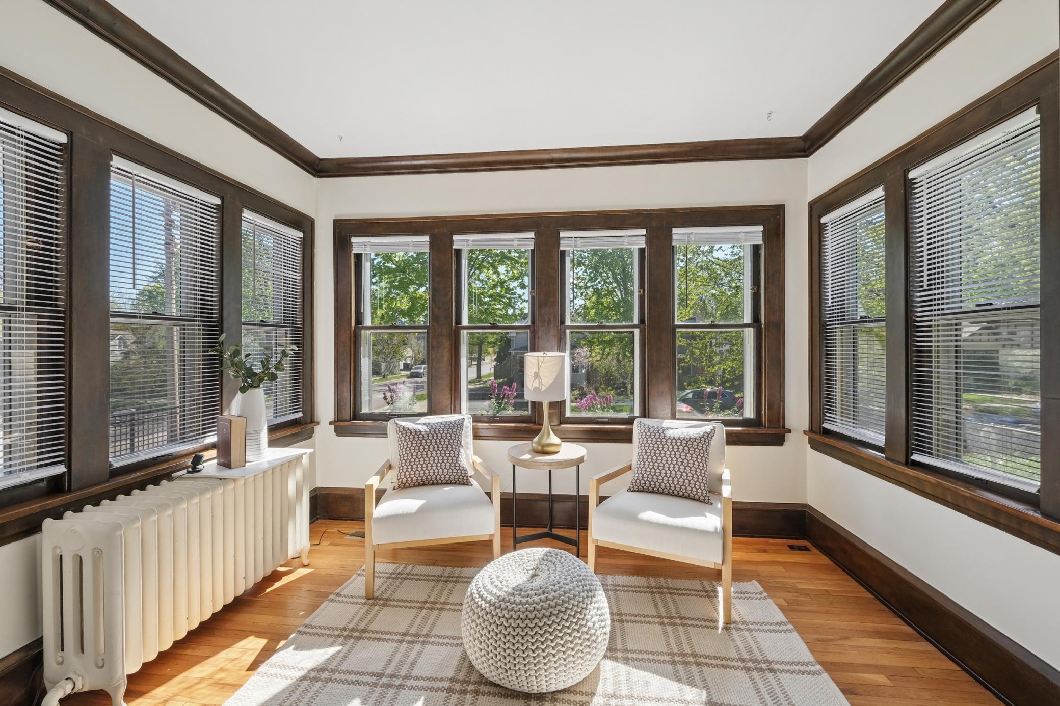Sunroom at the front of the house makes for a nice den or home office space