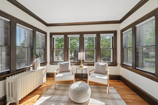 Sunroom at the front of the house makes for a nice den or home office space