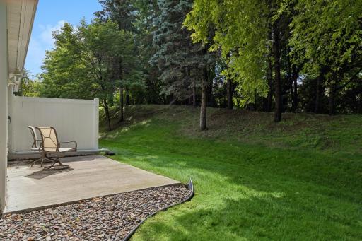 Private backyard with patio and mature trees