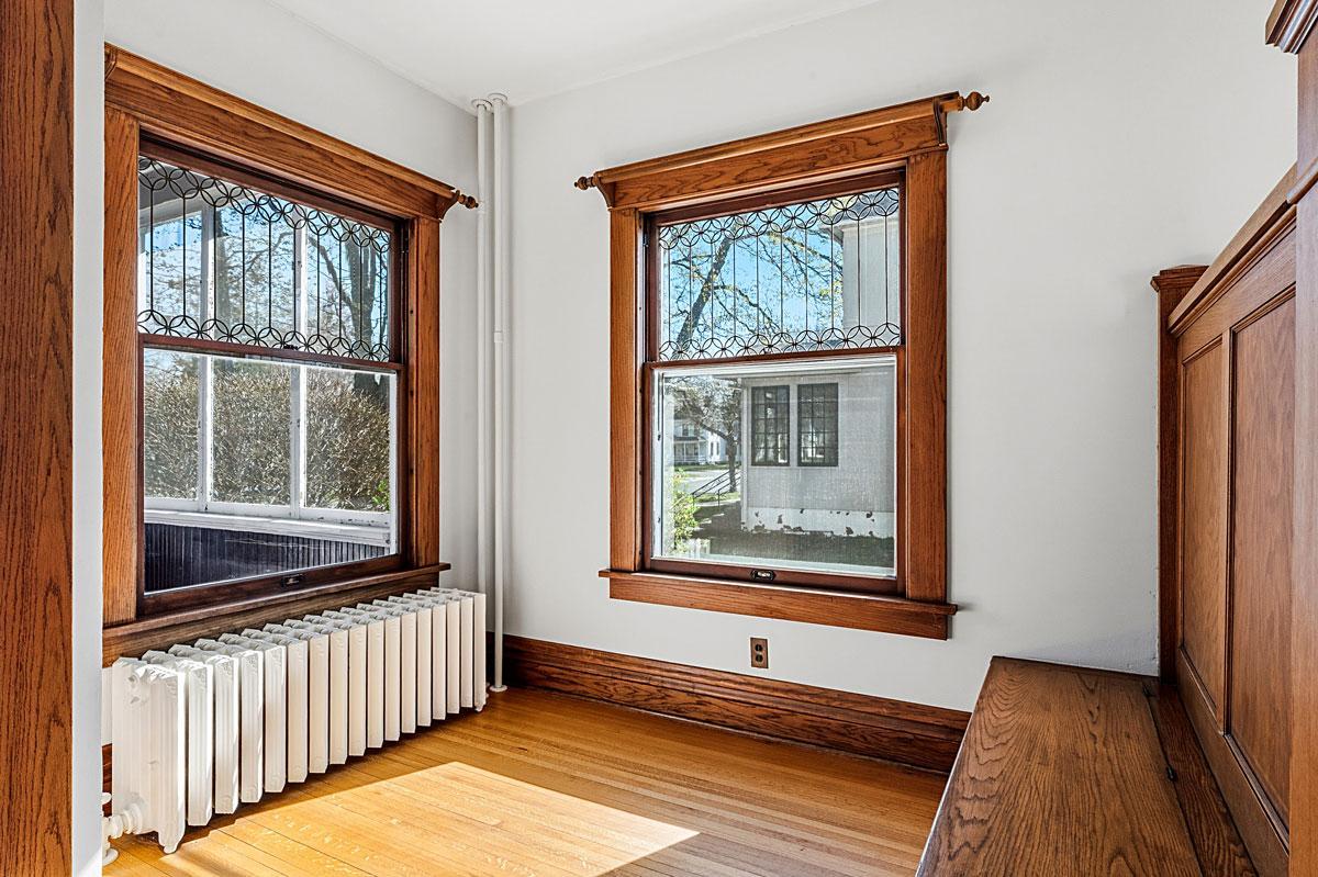 Leaded glass windows.