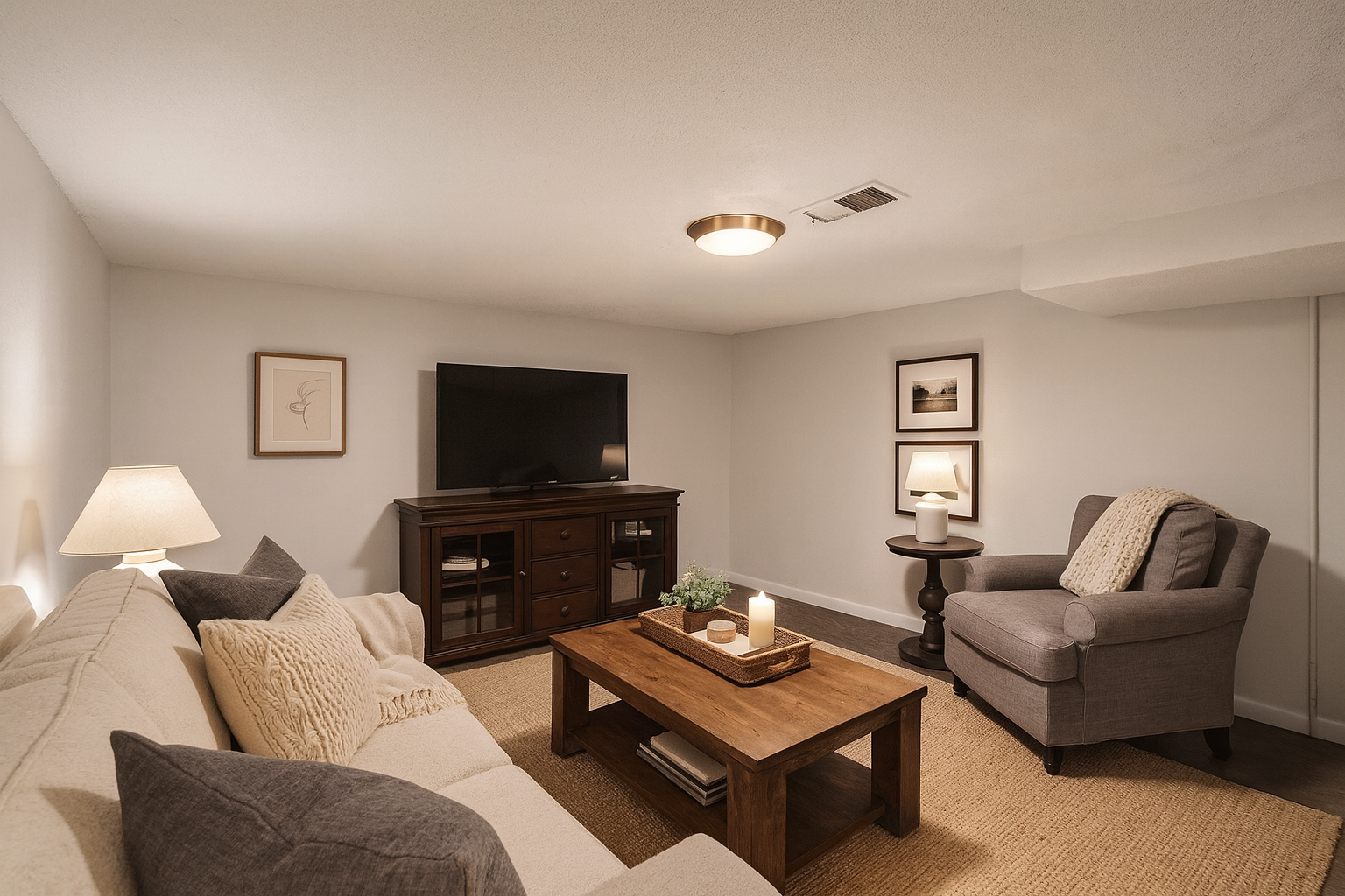 Digitally staged lower level family room