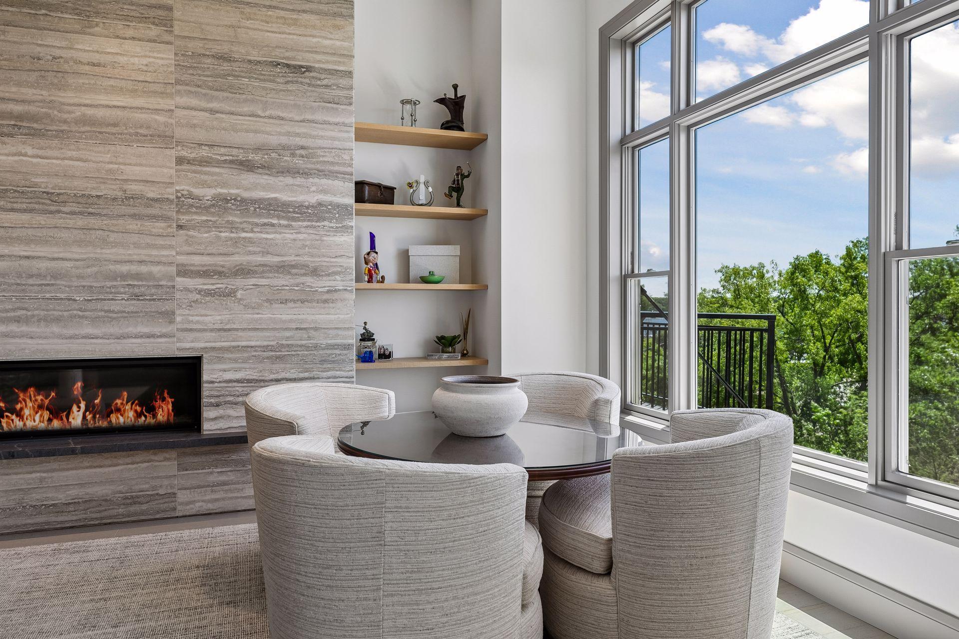 Floating shelves on both sides of the fireplace allow for extra storage or displaying your favorite decor