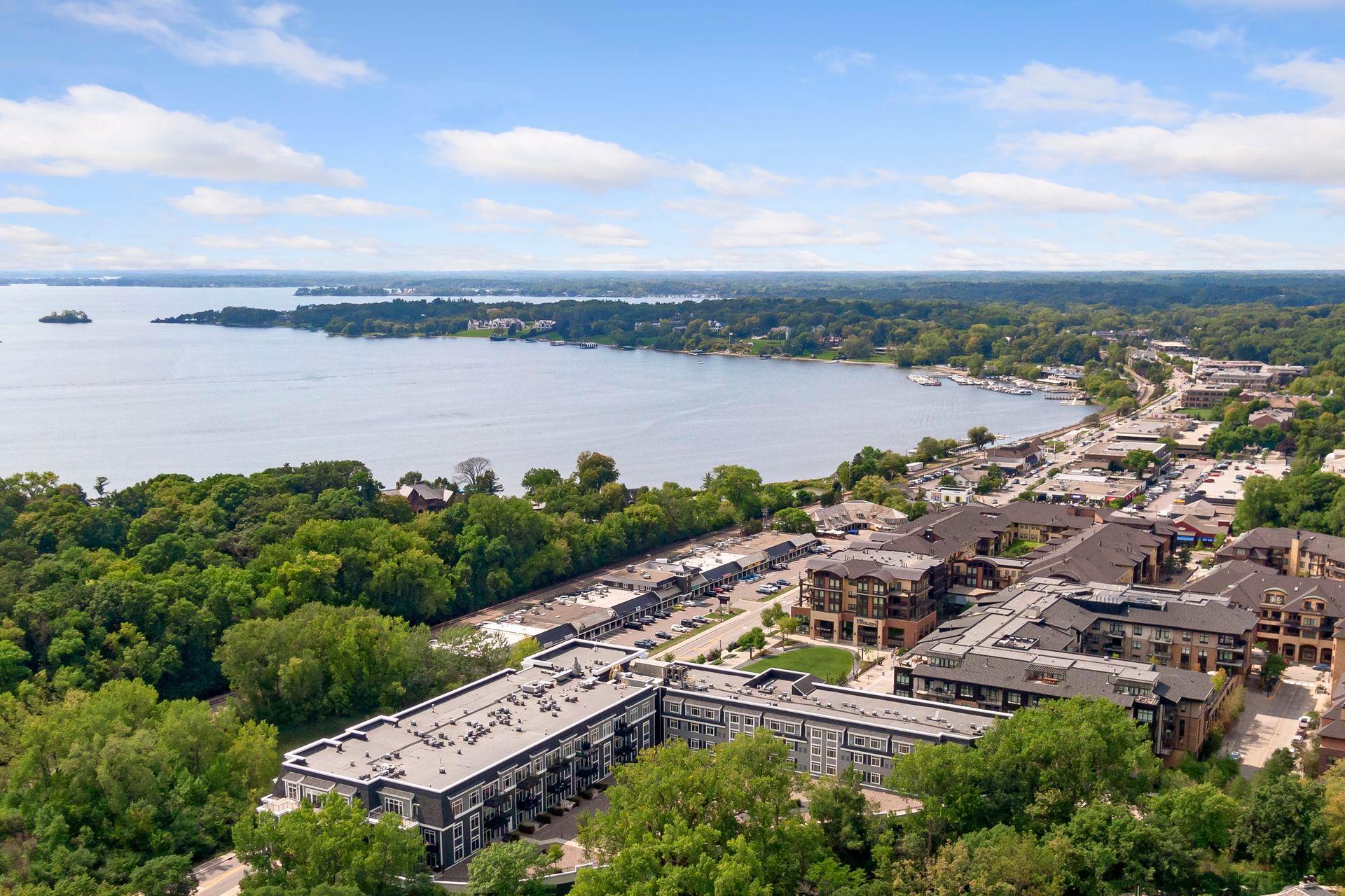 Aerial view of the Landing situated on Lake Street in Wayzata