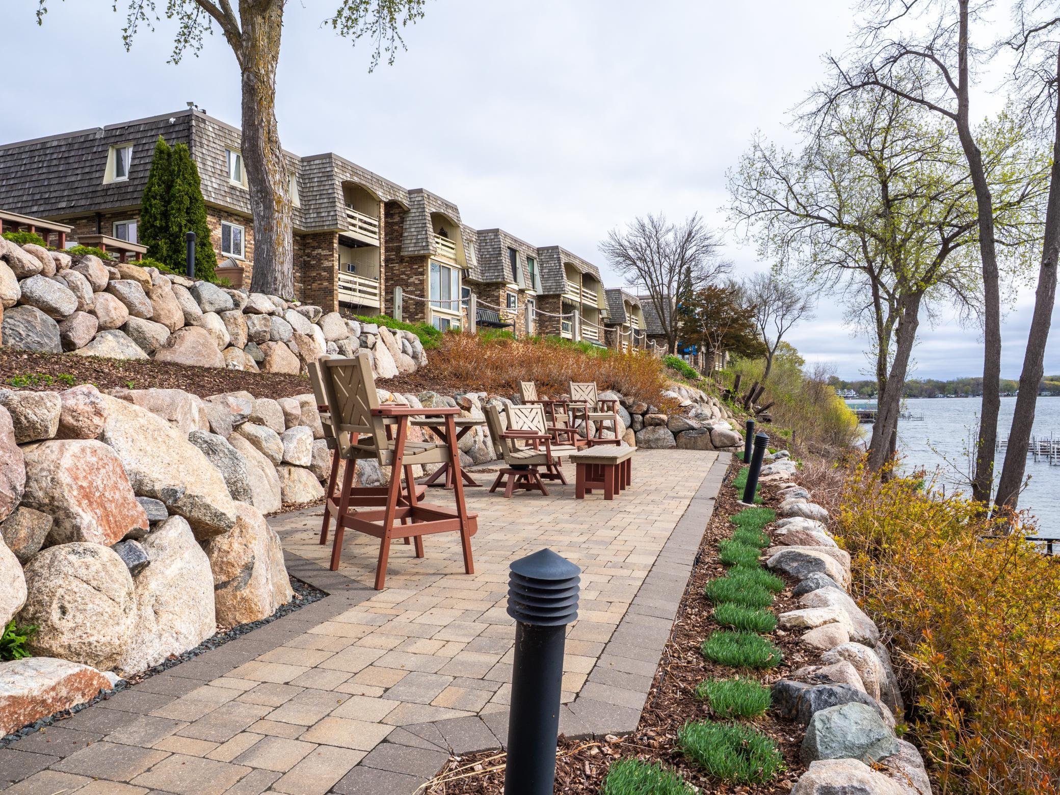 Multiple lakeside patios to take in the lake views