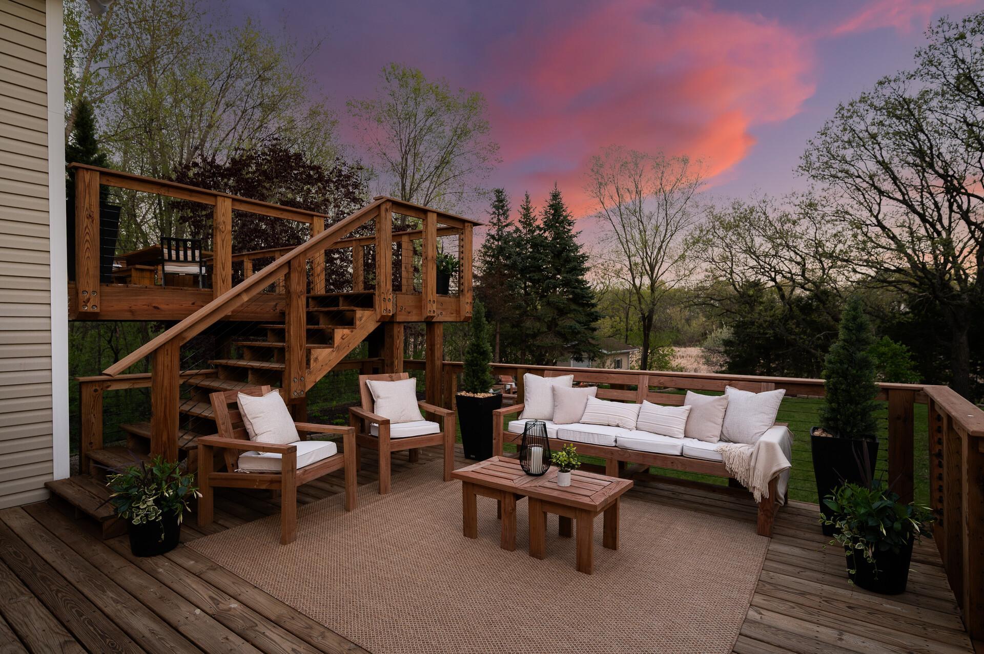 The impressive two-tier deck design, is the perfect setting for relaxing or entertaining while enjoying peaceful pond views.