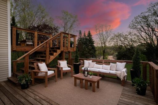 The impressive two-tier deck design, is the perfect setting for relaxing or entertaining while enjoying peaceful pond views.