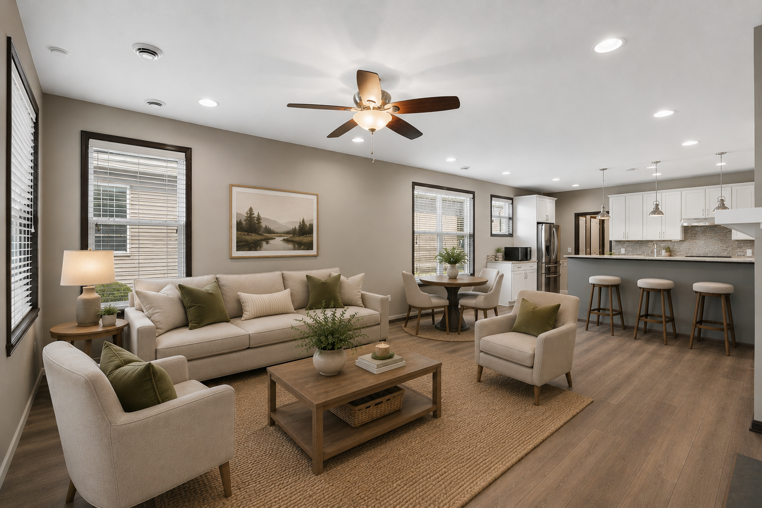 Virtually staged living room with eat-in dining area