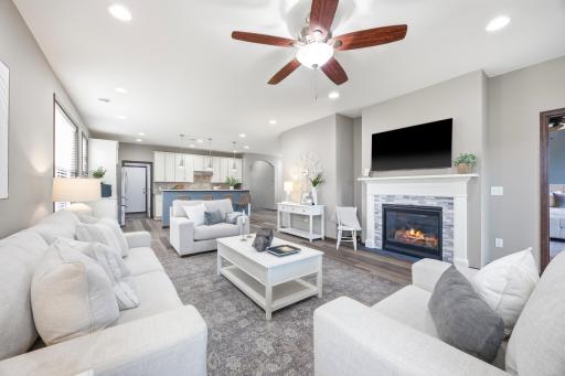 Expansive open-concept kitchen/dining and living space.