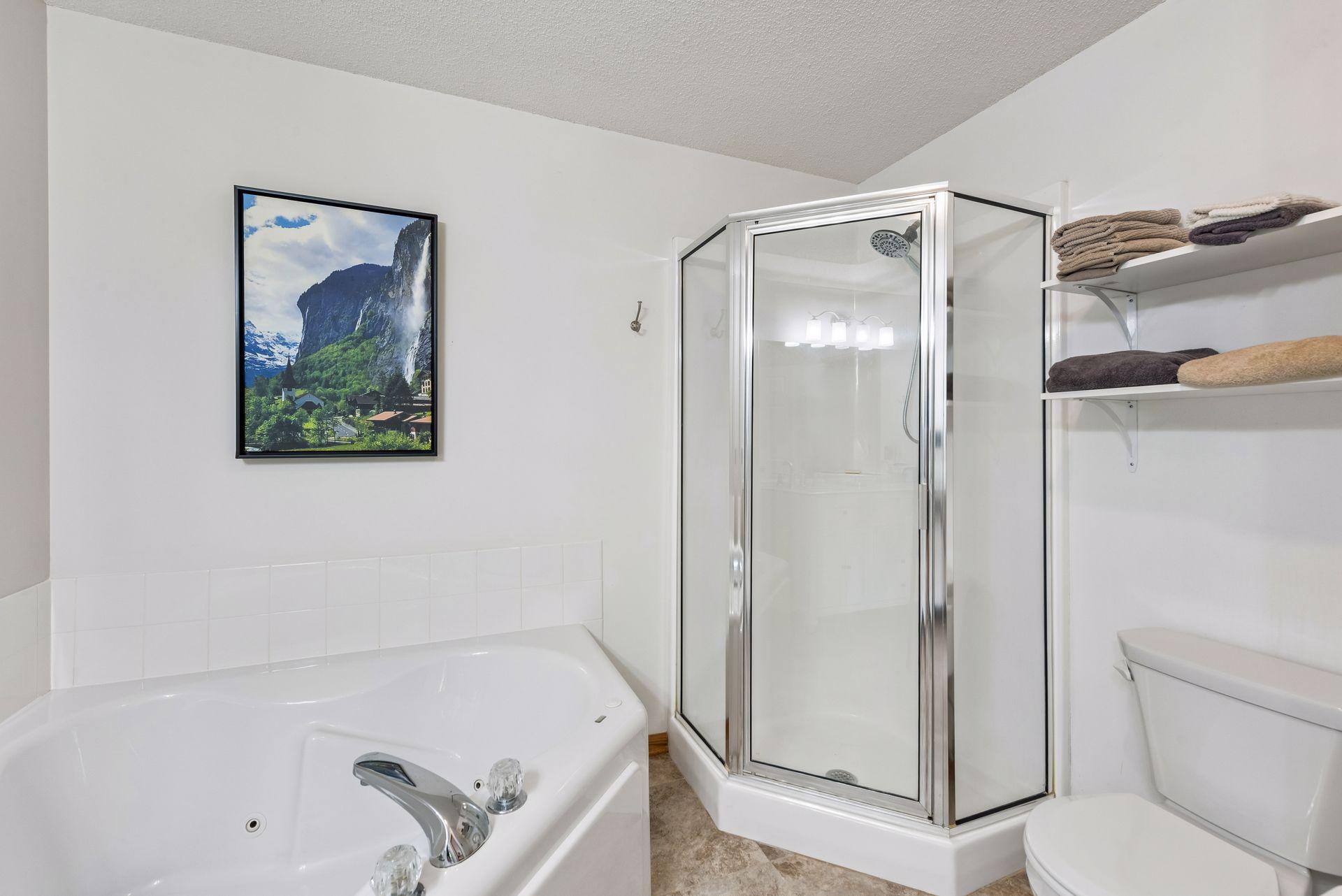 Separate corner shower and access to hall competes this bath.
