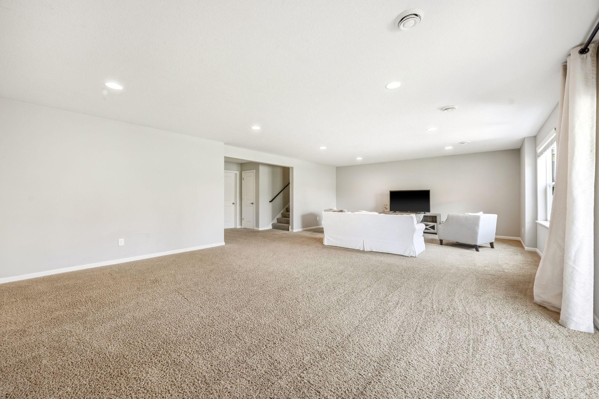 Huge finished lower level offers endless possibilities for a home theater, game room, fitness area, play space, or additional entertaining with an open and versatile layout.