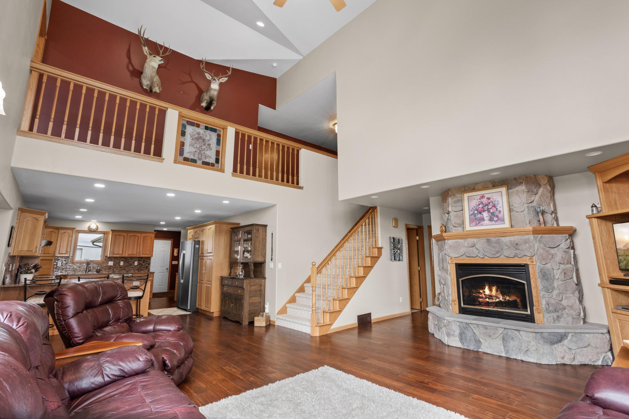 Stone Fireplace and Views to Loft