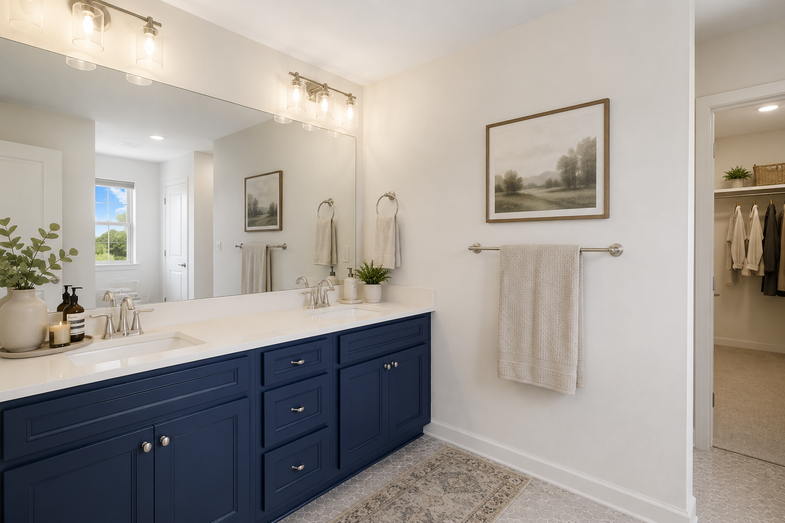 Elegant primary bath with dual sinks and a walk-in shower-VS