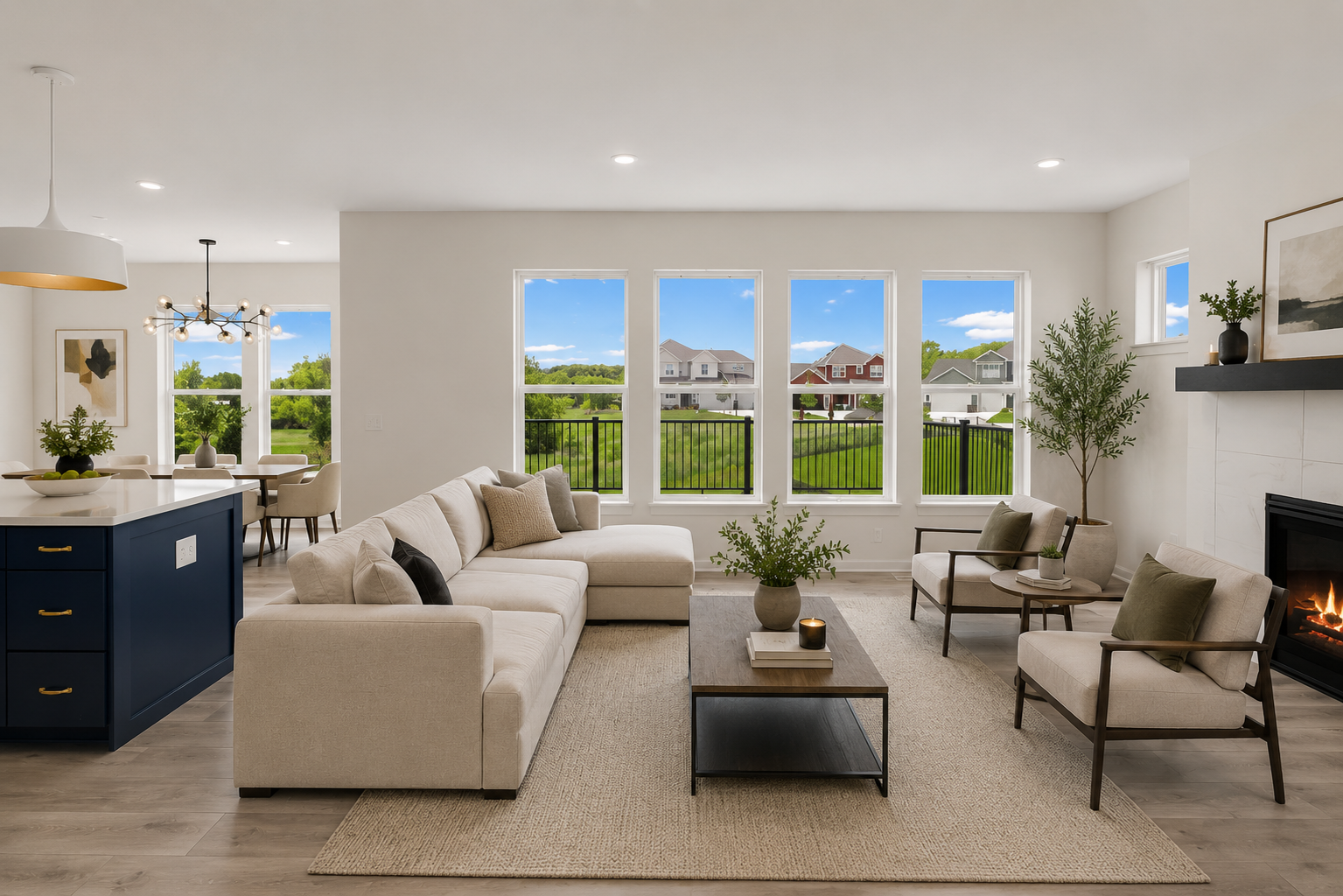 Main level Living room with Wall of oversized windows in the living room, with views of nature in the back yard-VS