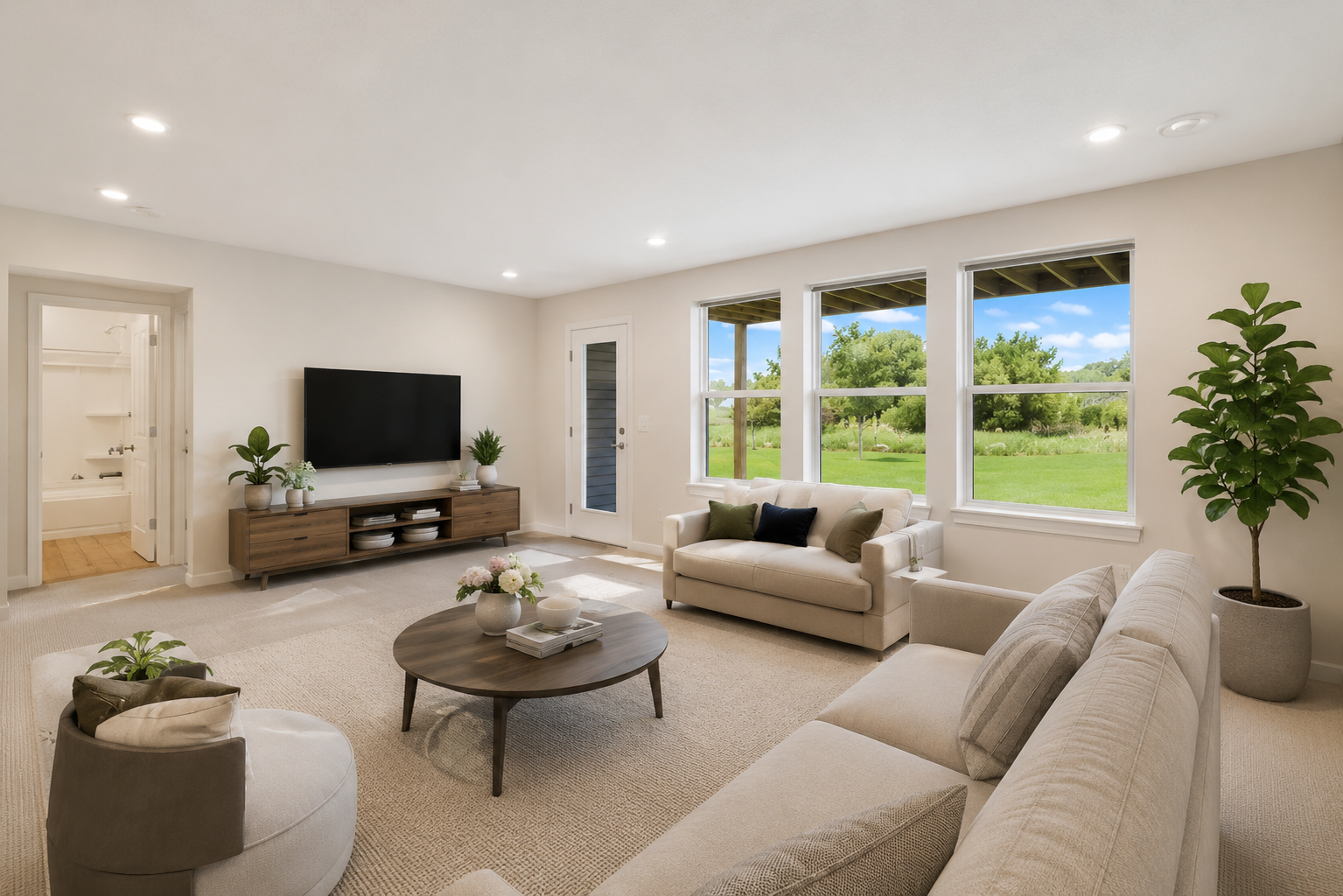 Bright walkout family room with backyard access, offering the perfect space for entertaining, movie nights, or everyday relaxation-VS