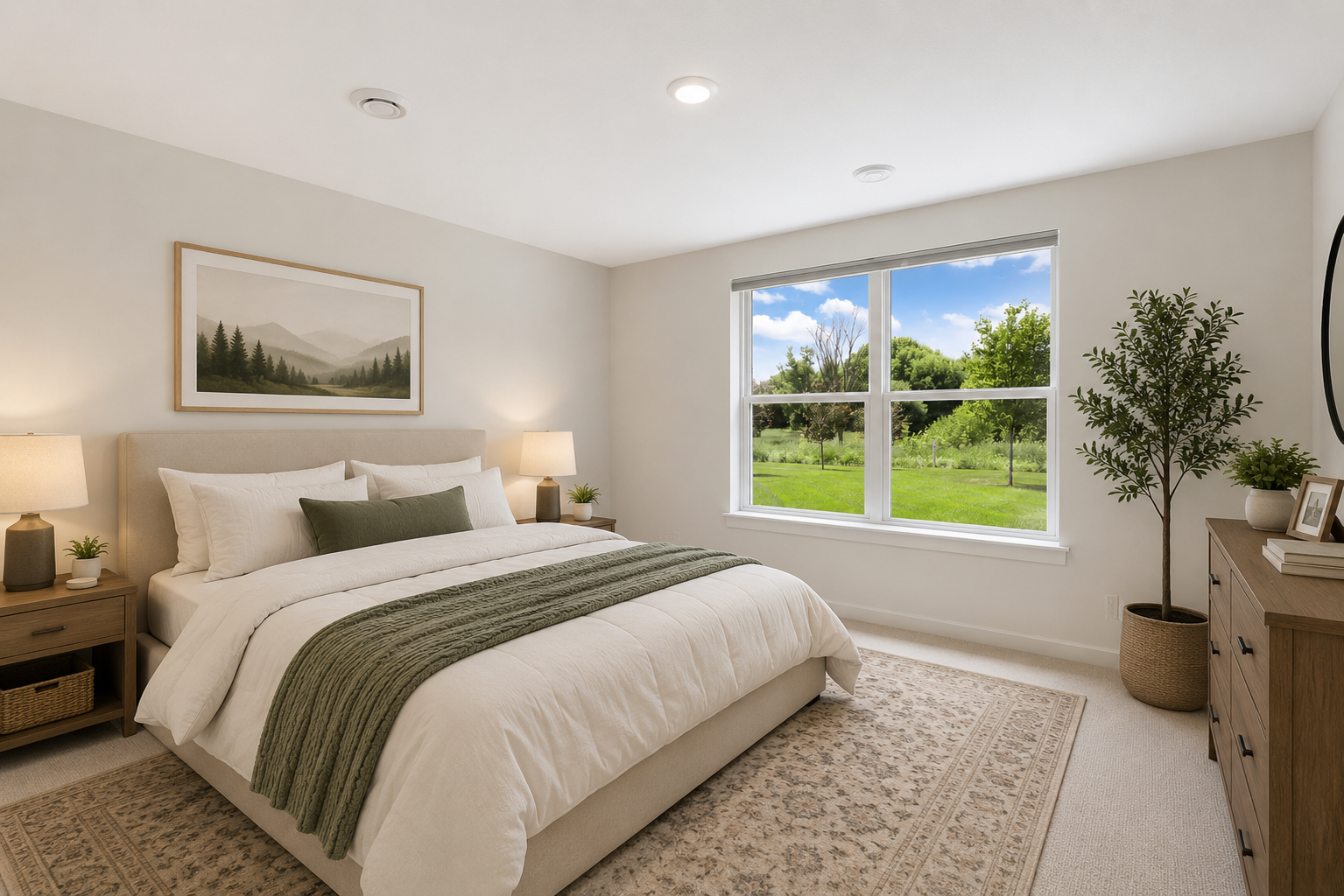 Comfortable lower-level bedroom with large window, natural light, and peaceful backyard views; ideal for guests or multigenerational living-VS