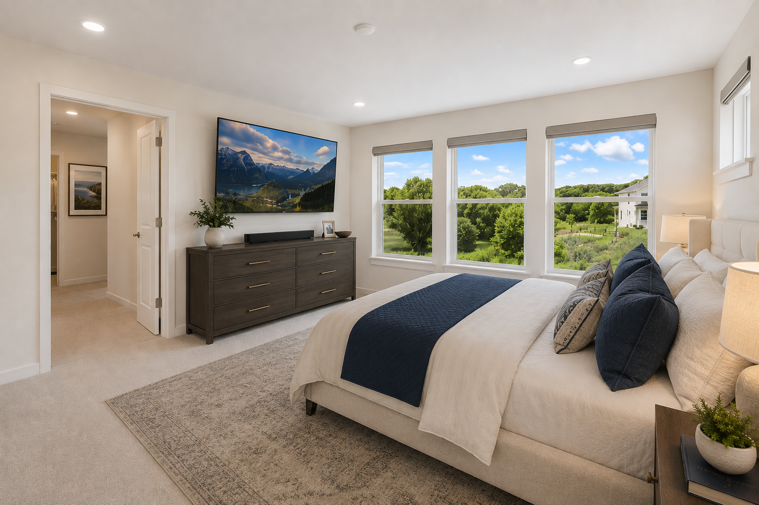 Wake up to serene views in this expansive primary bedroom, complete with a walk-in closet and private owner's bath-VS