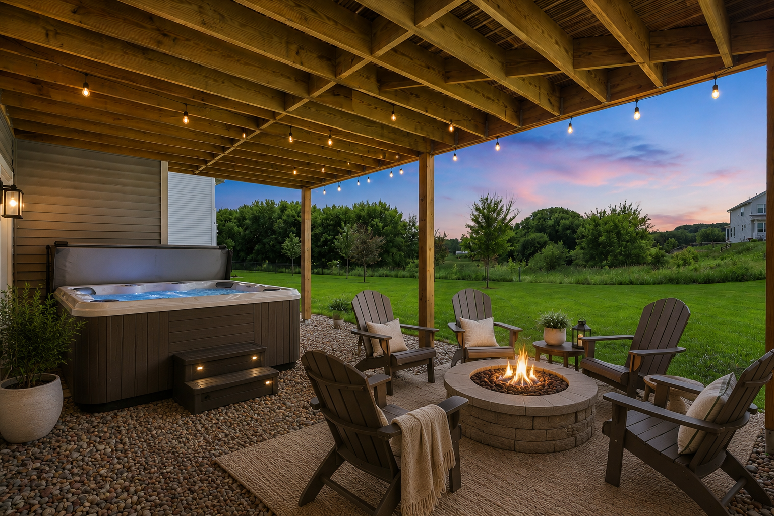 Covered walkout patio (Virtually Staged) overlooking the private backyard—an ideal setting for outdoor dining, relaxing, or entertaining year-round.