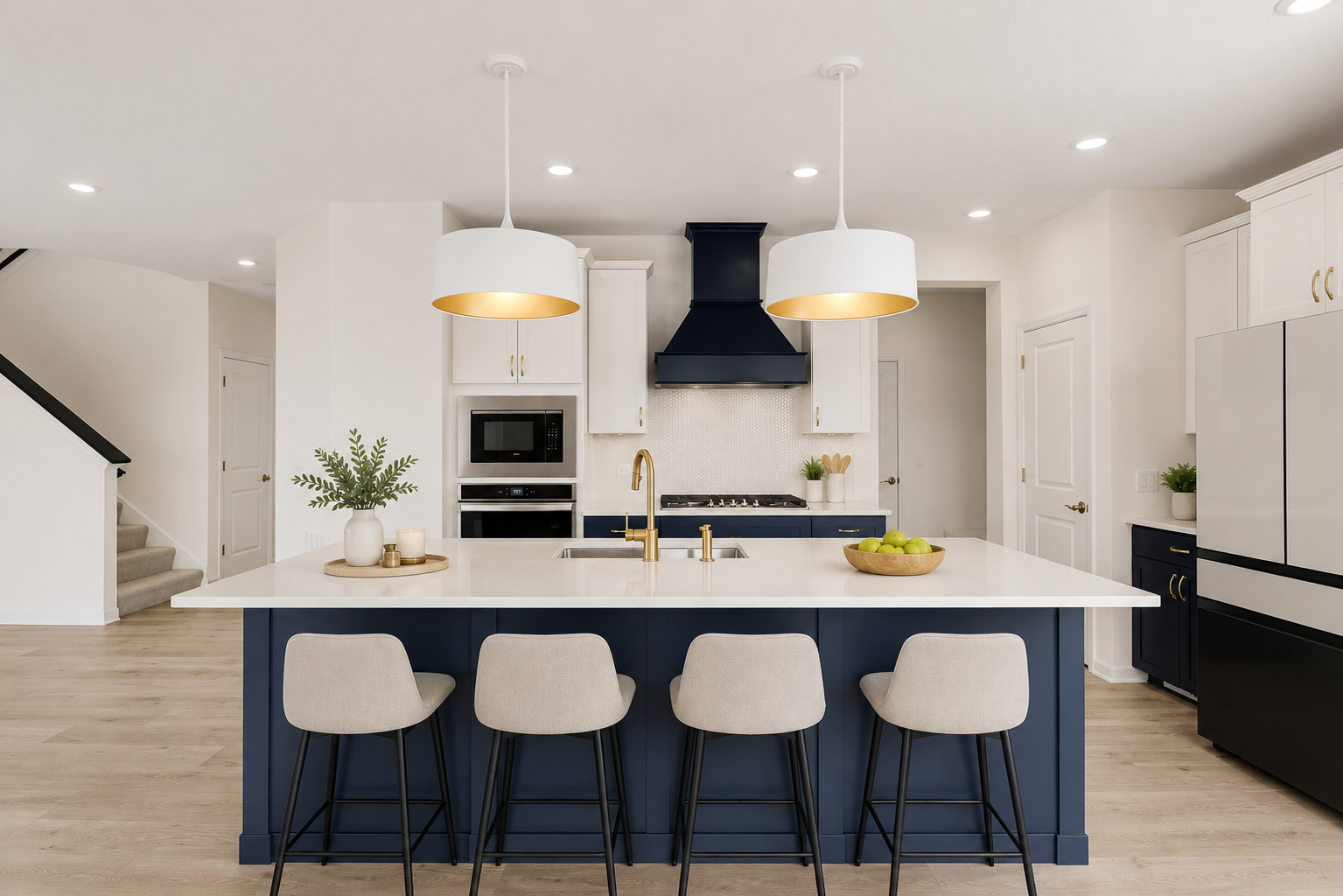Chef’s Modern kitchen showcasing a large center island, striking range hood, upgraded cabinetry, and sophisticated designer touches throughout-VS