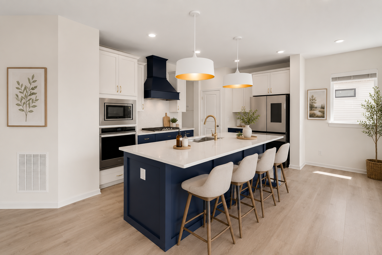 Beautiful gourmet kitchen with a statement navy island, quartz surfaces, double wall ovens, and abundant storage-VS