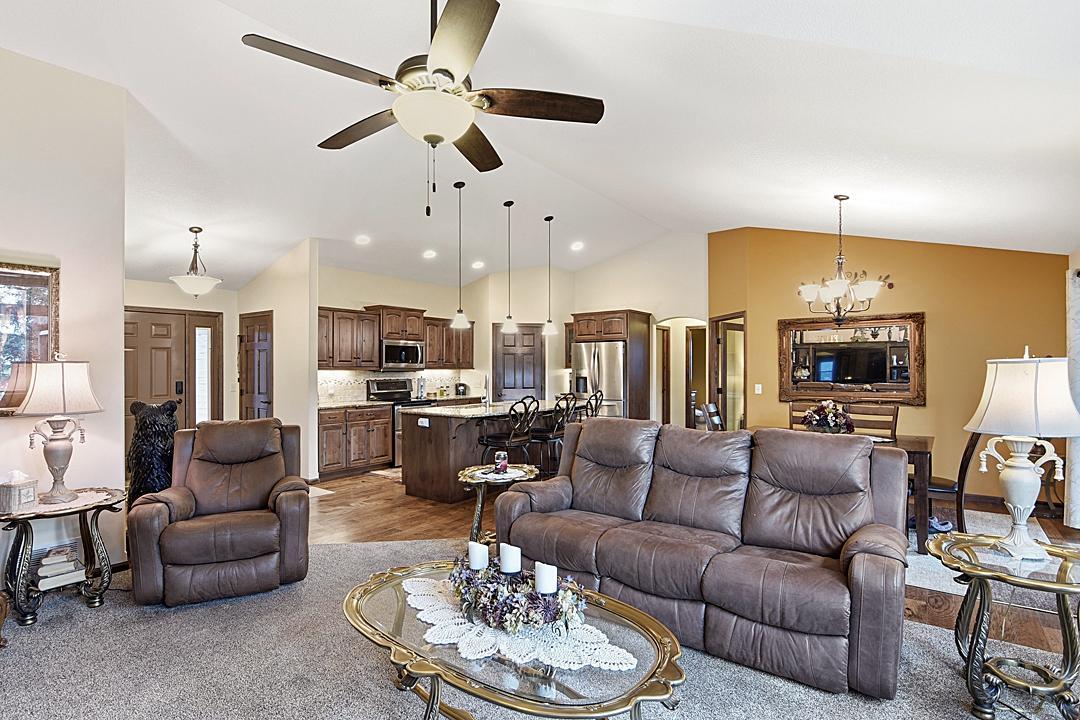 Kitchen, Great Room, and Dining Room, Vaulted Ceilings.