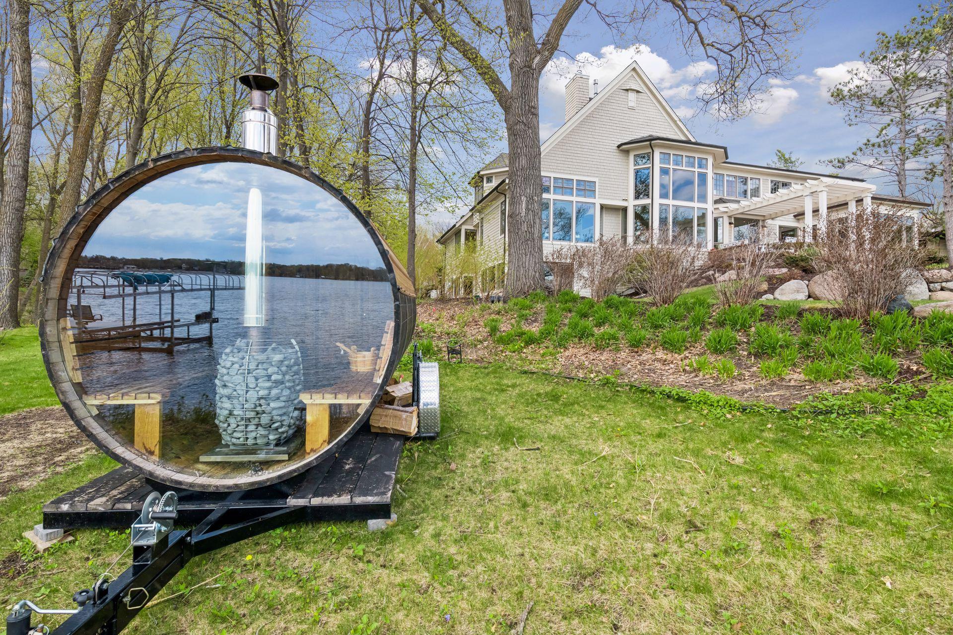 Unwind after a long day in the lakeside barrel sauna. A dock with two covered boat slips allows for convenient access to all of your favorite summer water activities.