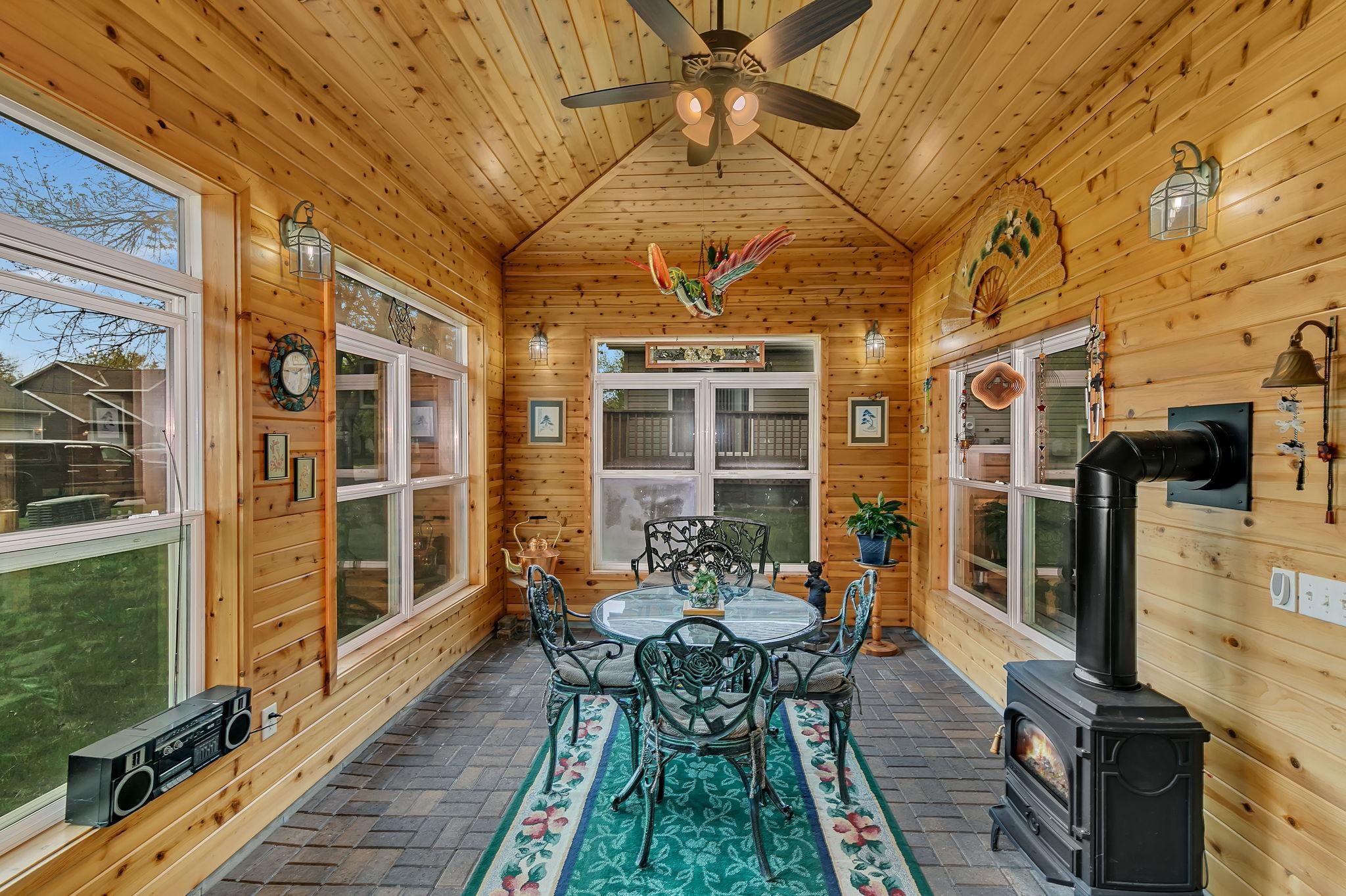 4 season porch with gas fireplace