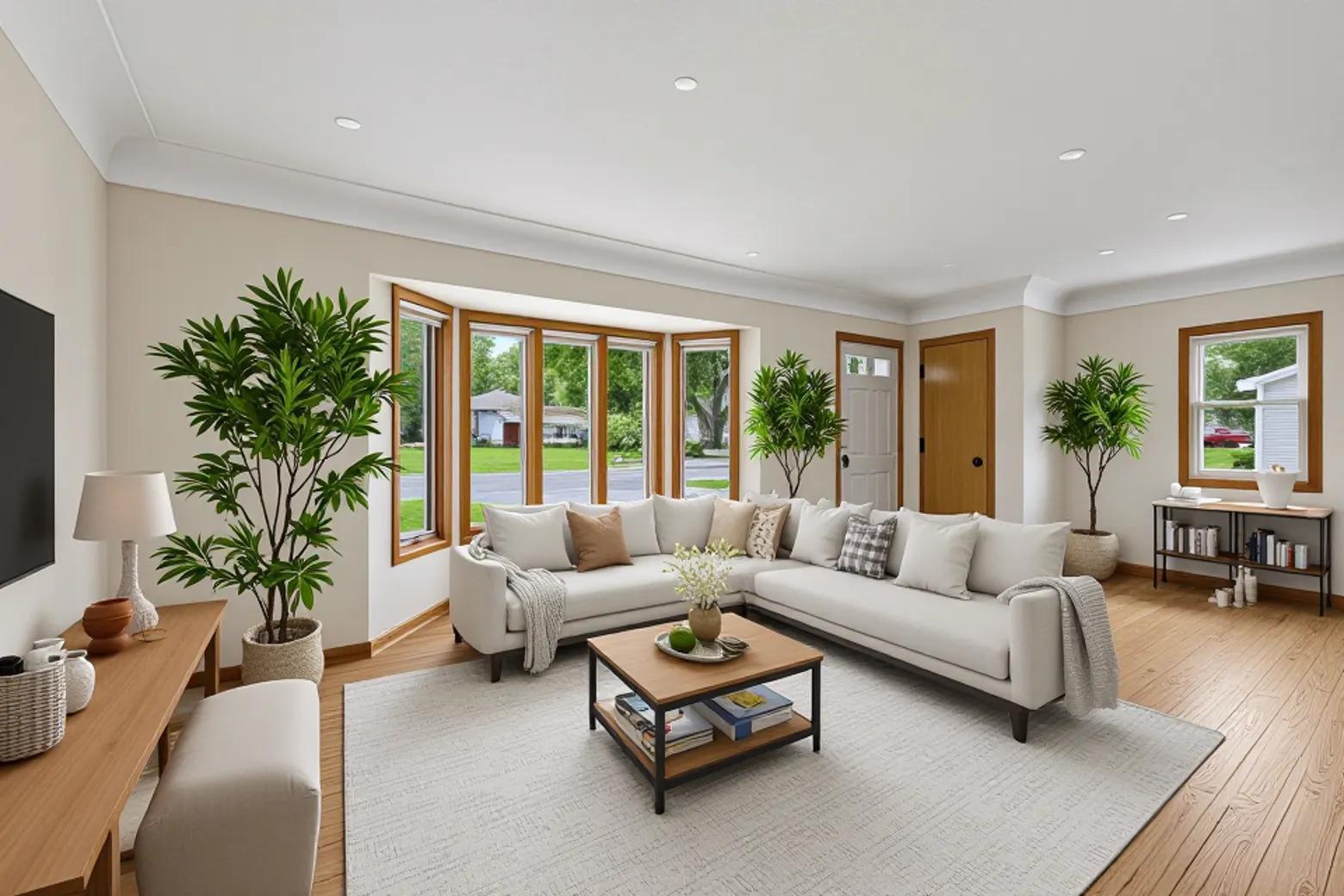Charming living room has a bay window, cove ceilings and wood floors. Virtually staged