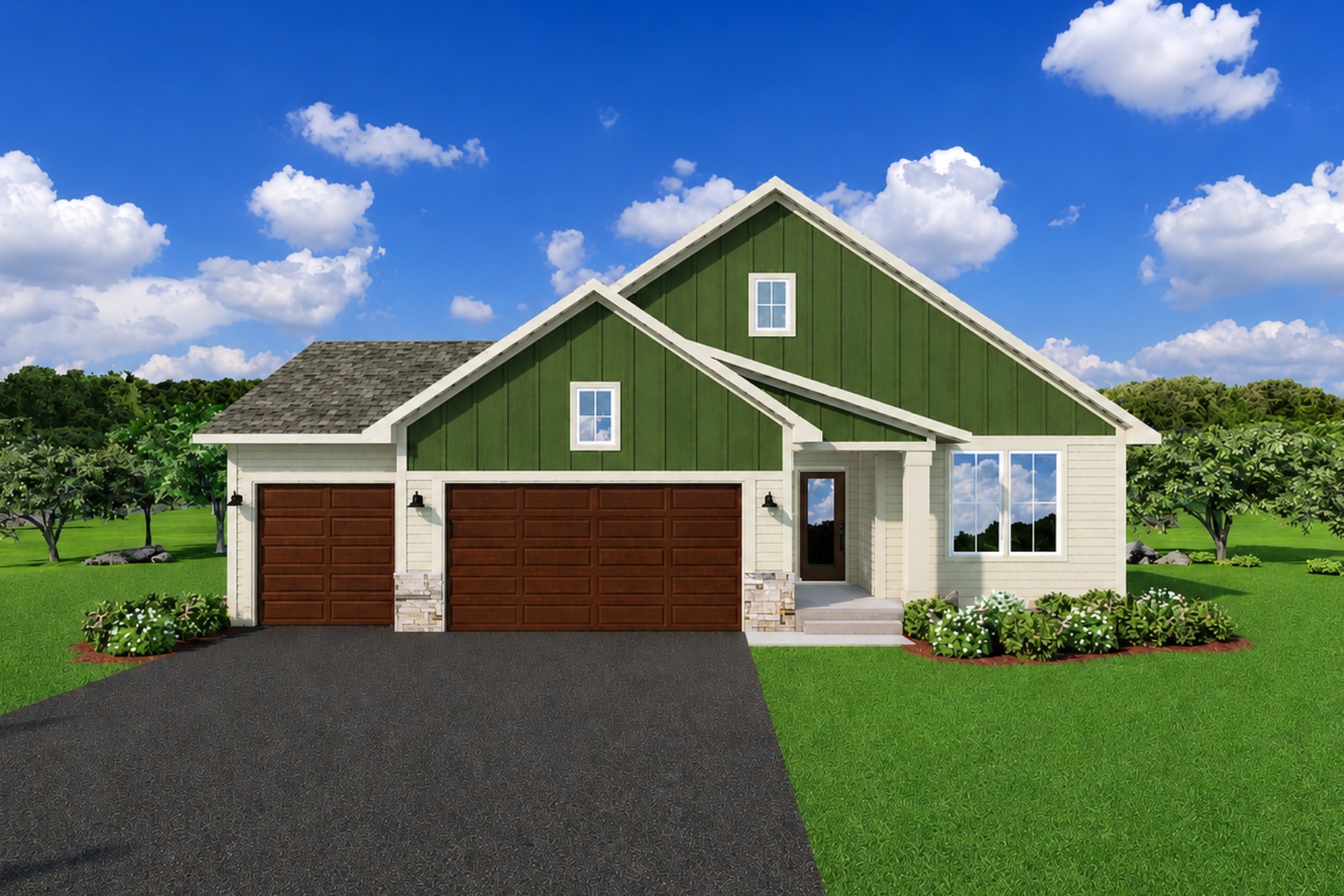 Rendering of front exterior of the Riley floor plan.