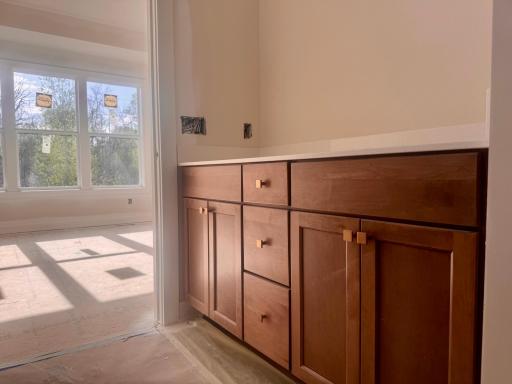 Progress photo of the primary ensuite double vanity