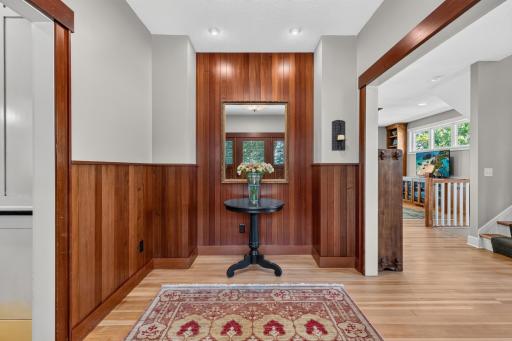 Redwood pine paneled wainscoting and accent wall