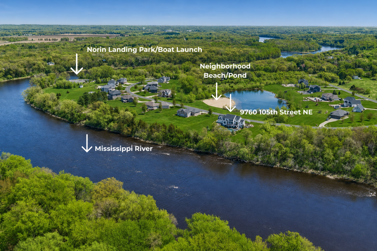 Map of home and location of the beach/pond and boat landing for the Mississippi River.