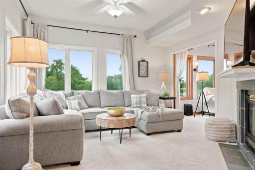 Cozy up around the two sided fireplace on a cool day.