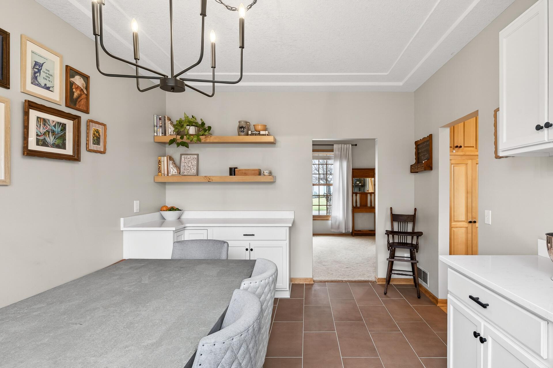 New lighting, tile floors, floating shelves