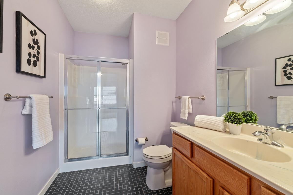 This primary bath has a huge shower and even a bidet.