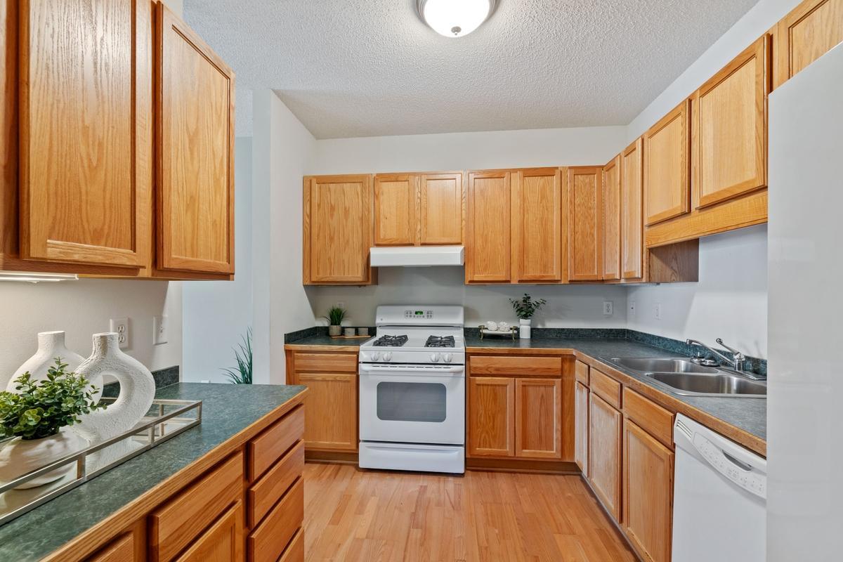 This kitchen has tons of counter space and cabinets.