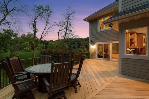 Large, curved deck overlooking the creek and wetland/marsh