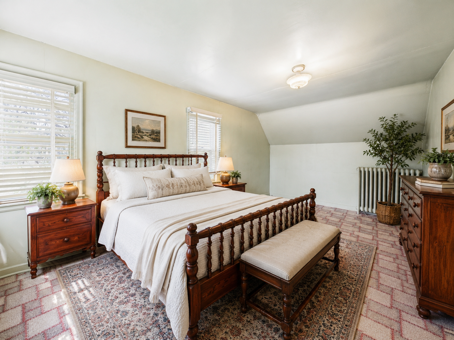 Comfortable bedroom with natural light and vintage home charm, virtually staged to show layout potential.