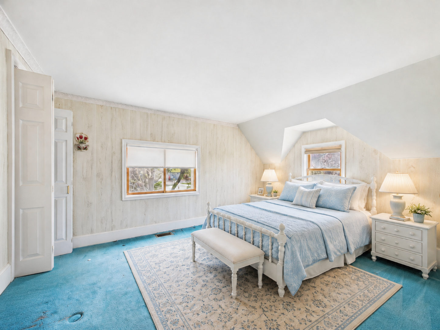 Bedroom virtually staged to show scale and furniture placement.