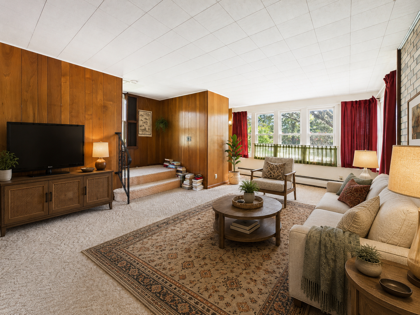 Large living area with wood paneling, brick accent wall, and natural light. virtually staged to show layout potential.